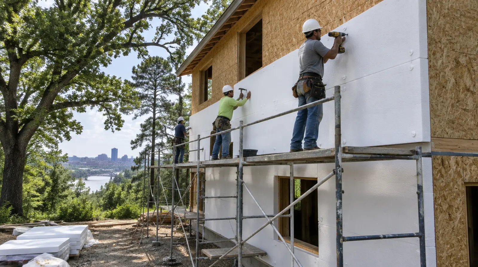 Crew fastening white foam insulation boards to the sheathing of a new two-story wall