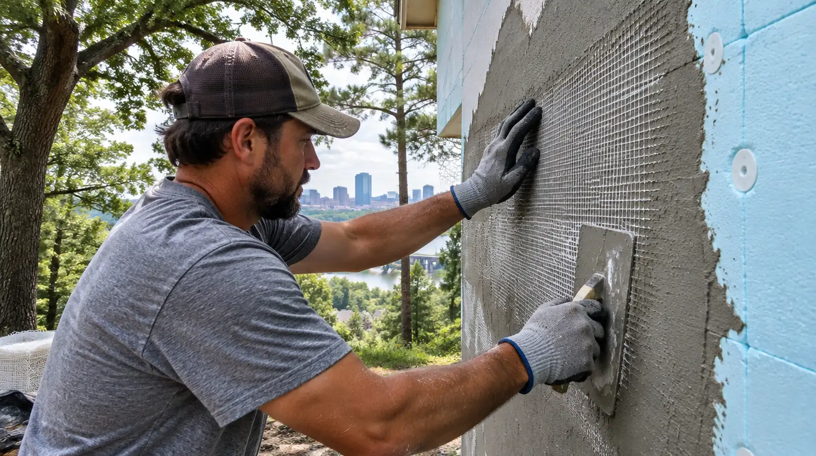 Installer pressing fiberglass mesh into a wet base coat over foam board