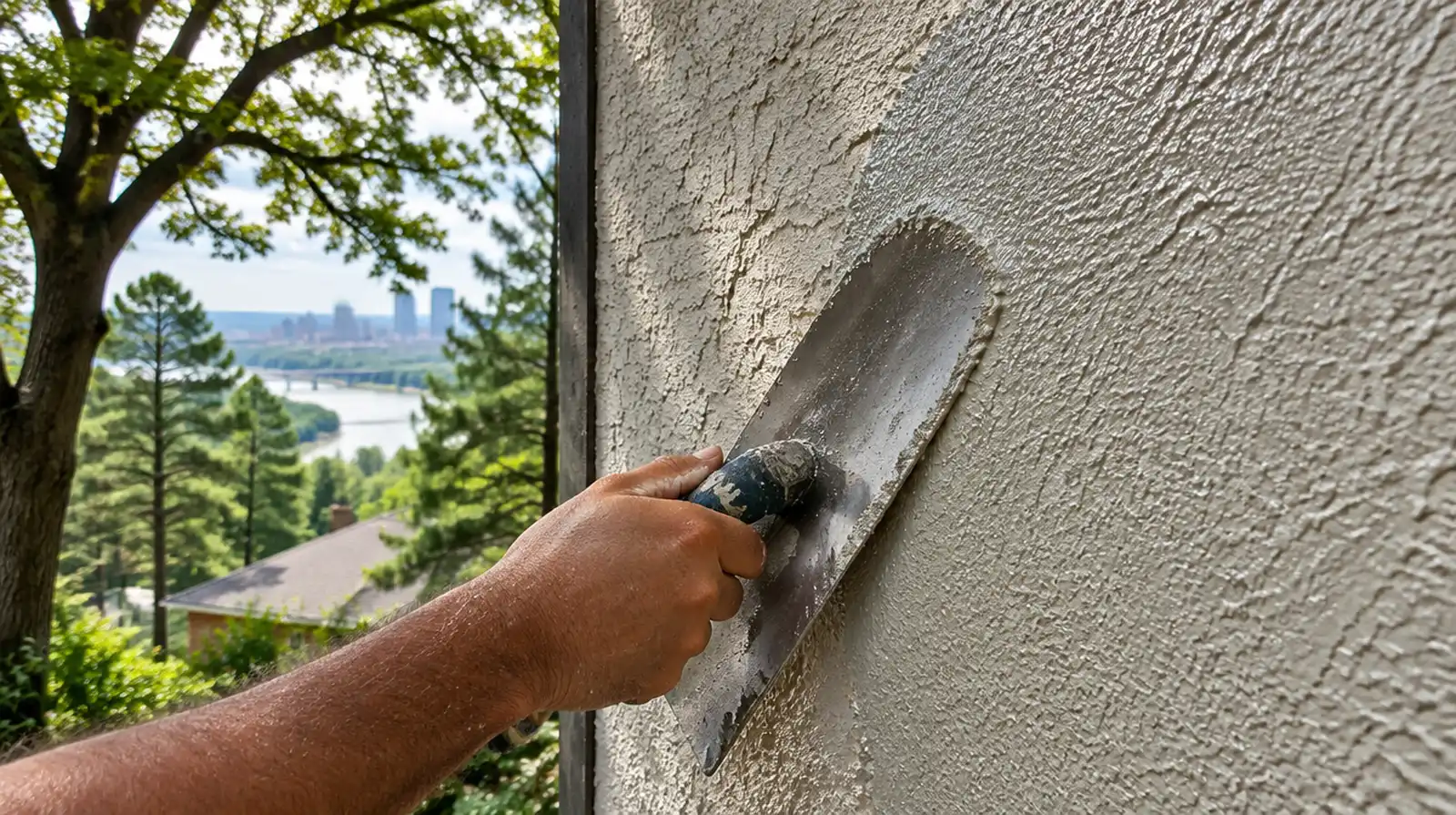 Trowel spreading a new textured acrylic finish over existing synthetic stucco