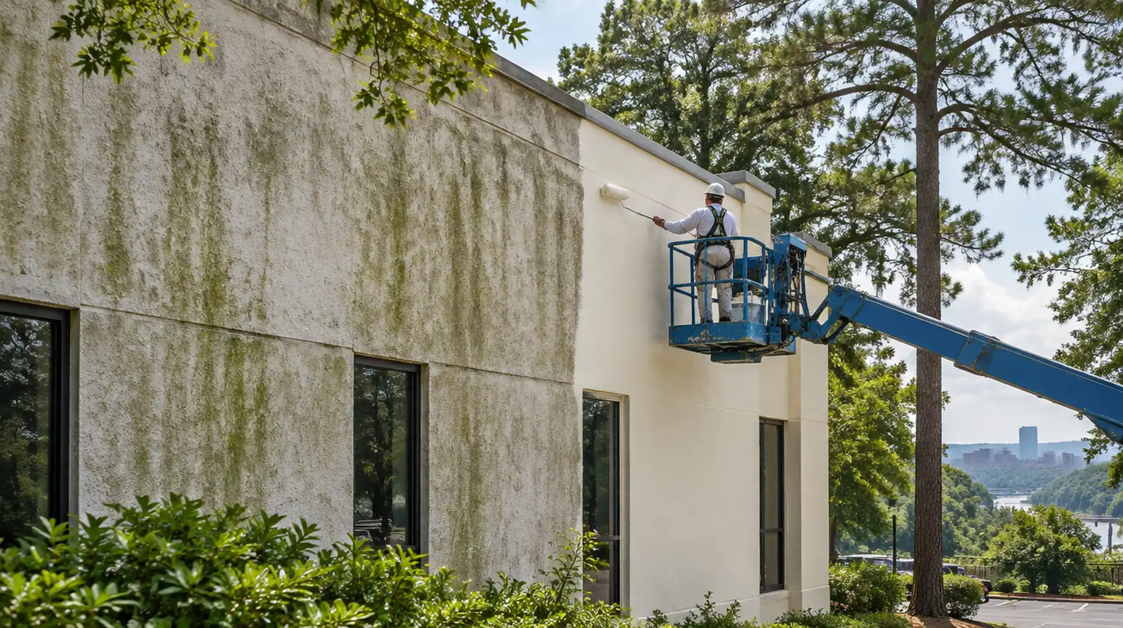 Faded synthetic stucco wall on a commercial building with one section freshly recoated from a lift