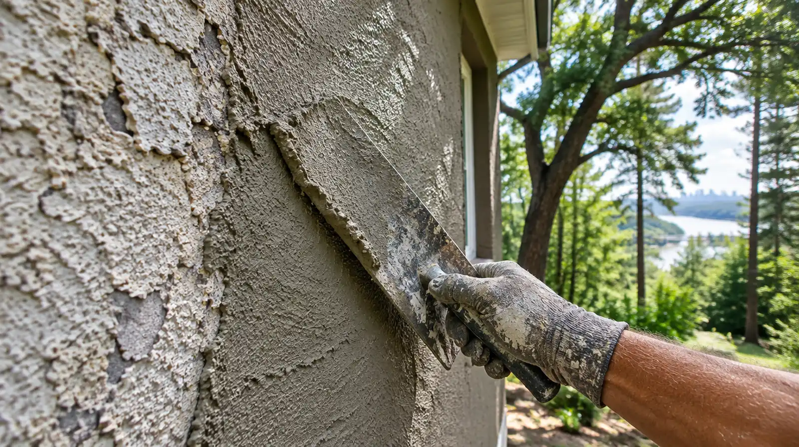Plasterer troweling a fresh finish coat across a prepared stucco wall
